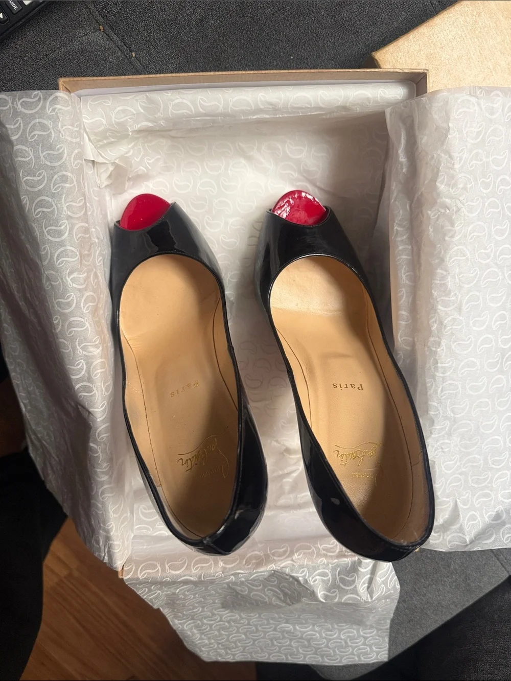 Christian Louboutin Black Prive Patent Peep-Toe Pumps Rare - unworn outdoors